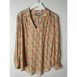 Finley Davy Leaf Print Top Size S Metallic Long Sleeve Blouse Oversized Fits M L